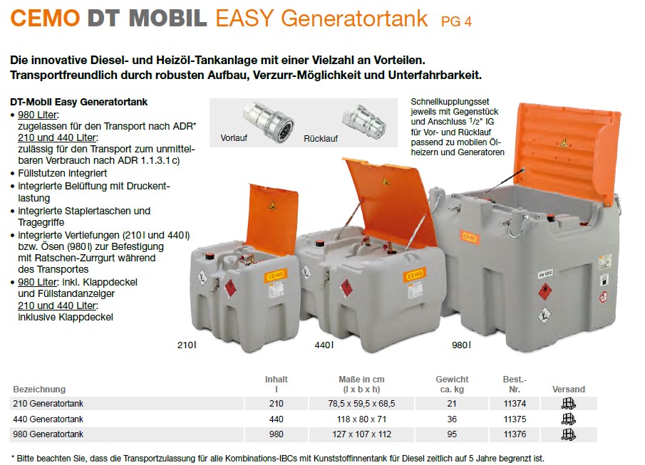 CEMO DT-Mobil Easy 210 Generatortank - 11374