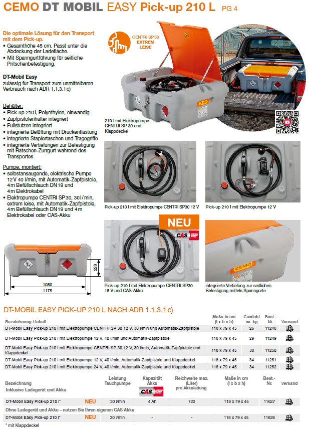 CEMO DT-Mobil Easy Pick-up 210 l, 12V CENTRI SP 30, 30 l/min, Klappdeckel - 11250