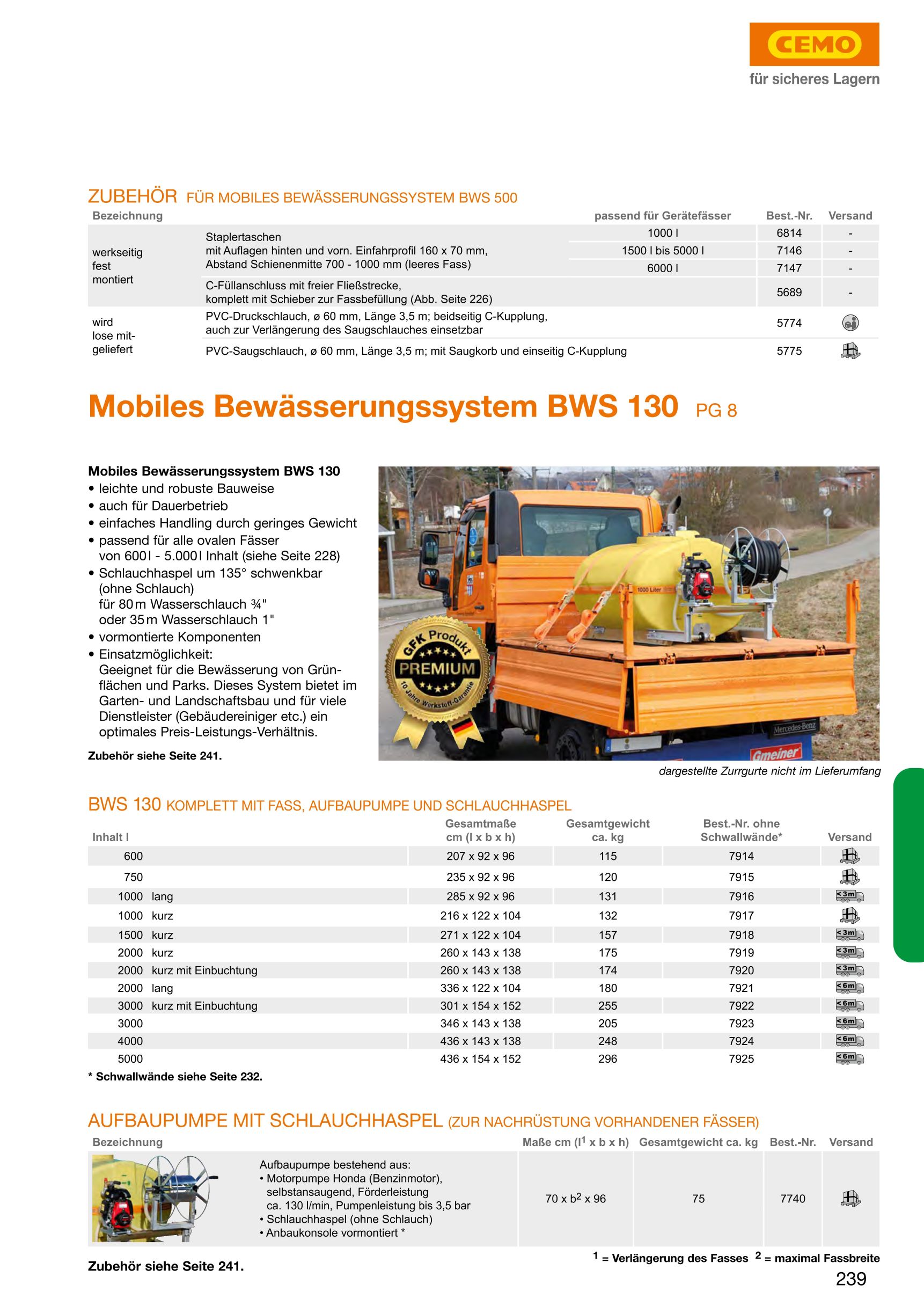 CEMO Mobiles Bewässerungssystem BWS 130, 2000 l kurz mit Einbuchtung, Motorpumpe - 7920
