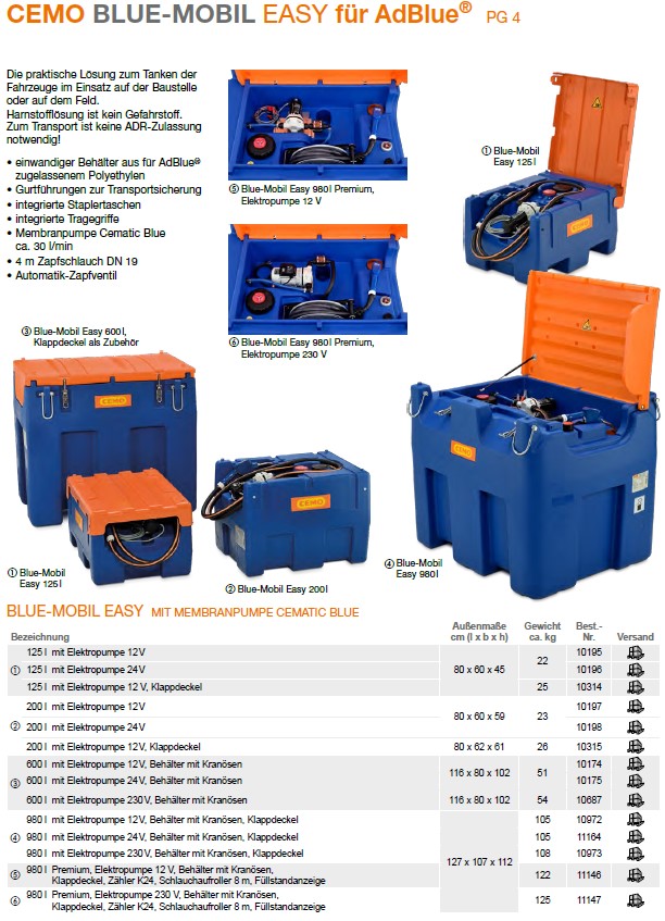 CEMO Blue-Mobil Easy 620 l, 230V Membranpumpe, 30 l/min - 11929