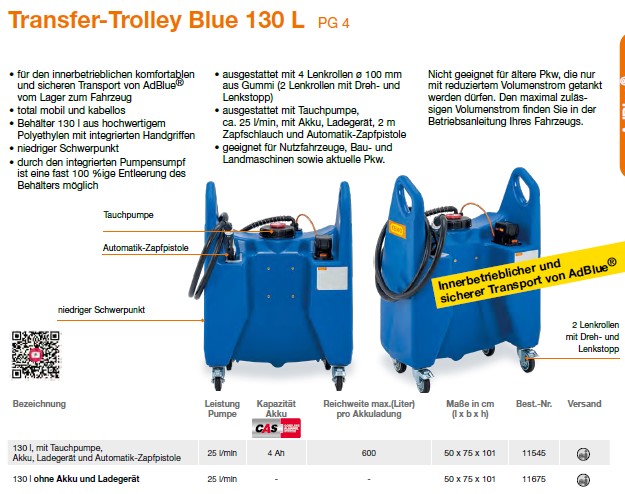 CEMO Transfer-Trolley Blue 130 l, 18V vorgerichtet für CAS-Akku - 11675