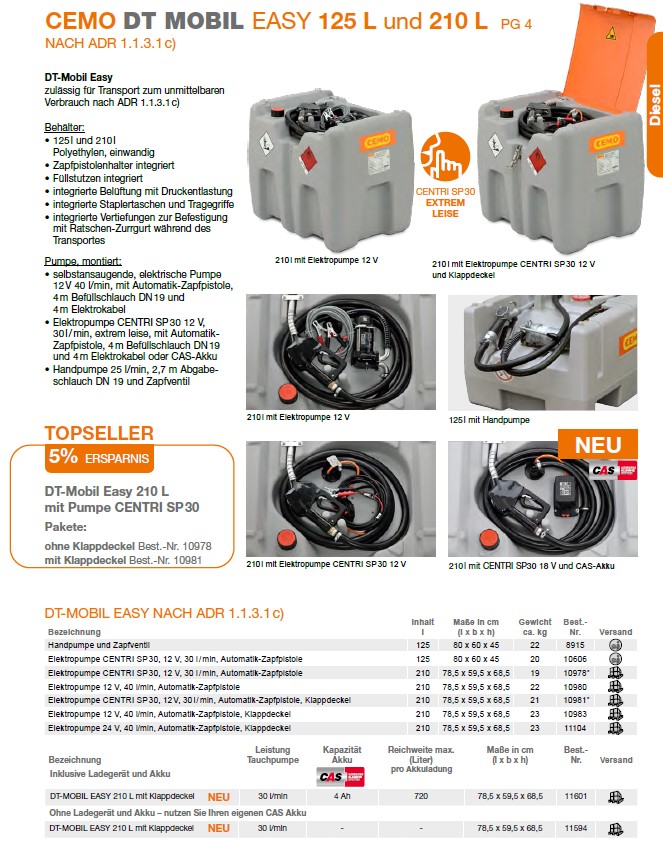 CEMO DT-Mobil Easy 210 l, 18V Centri SP30, vorgerichtet für CAS-Akku, Klappdeckel - 11594