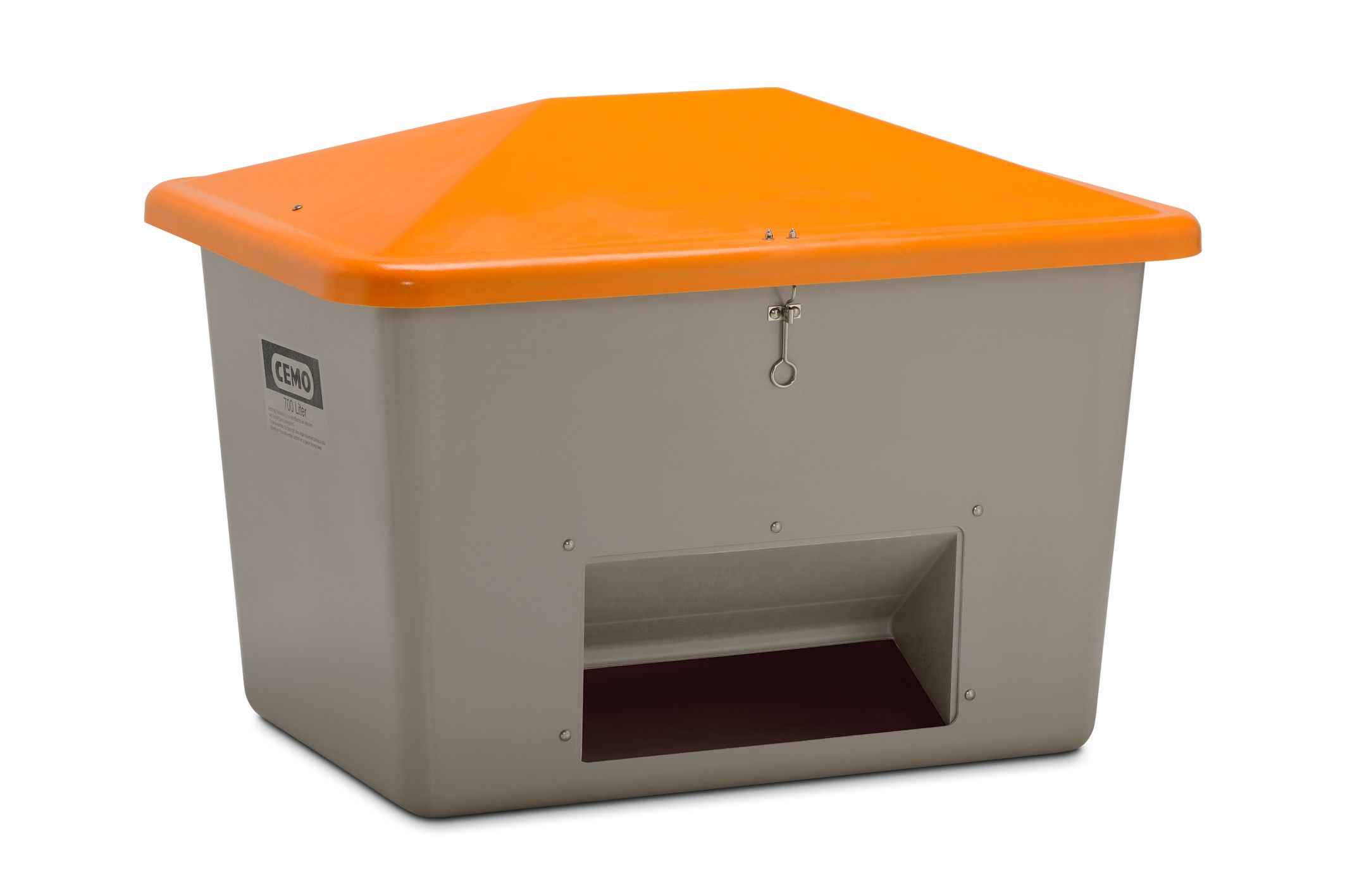 CEMO Streugutbehälter "V" 700 l, grau/orange, mit Vandalismusdeckel - 10899