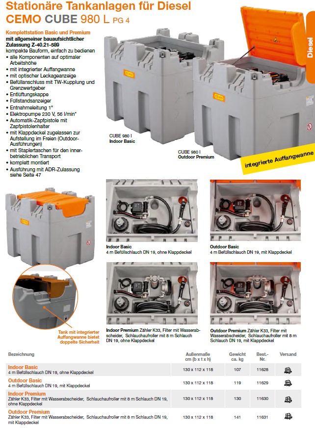 CEMO CUBE-Dieseltank 980 l Indoor Basic – 11628