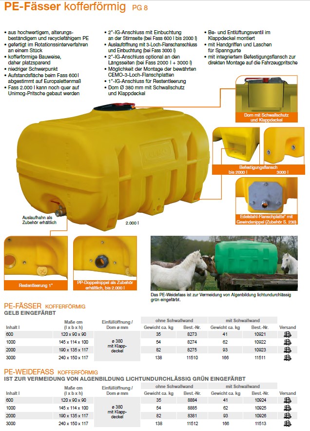 CEMO PE-Weidefass, kofferförmig, 2000 l mit Schwallwand - 10926