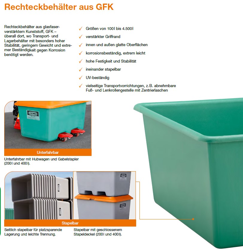 CEMO GFK-Rechteckbehälter 200 l flach Standard, grün - 1143