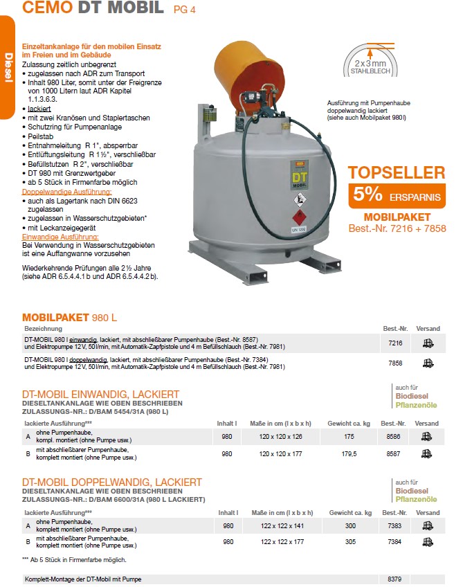 CEMO DT-Mobil 980 l, doppelwandig, lackiert, Pumpenhaube - 7384 CEMO DT-Mobil 980 l, doppelwandig, lackiert, Pumpenhaube - 7384