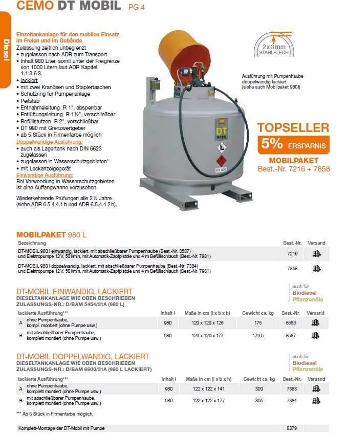 CEMO DT-Mobil 980 l, doppelwandig, lackiert, Pumpenhaube - 7384