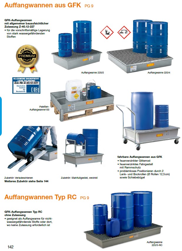 CEMO GFK-Auffangwanne 220/1-RC, ohne Zulassung, mit GFK-Gitterrost – 10388