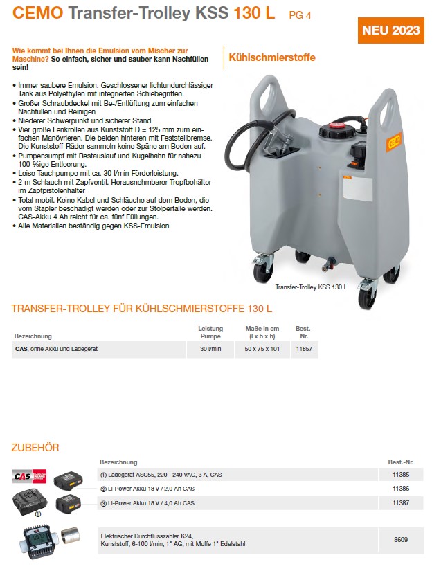 CEMO Transfer-Trolley KSS 130 l, vorgerichtet für CAS-Akku - 11857