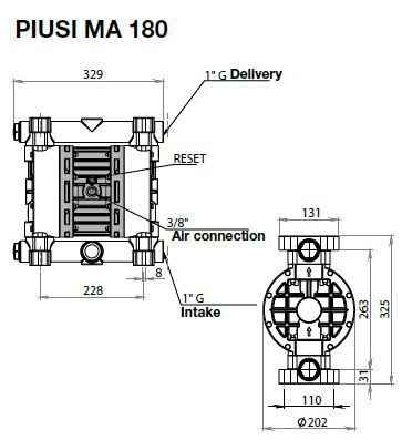 Piusi ATEX-Druckluftmembranpumpe MA180, 150 l/min - F00208A10