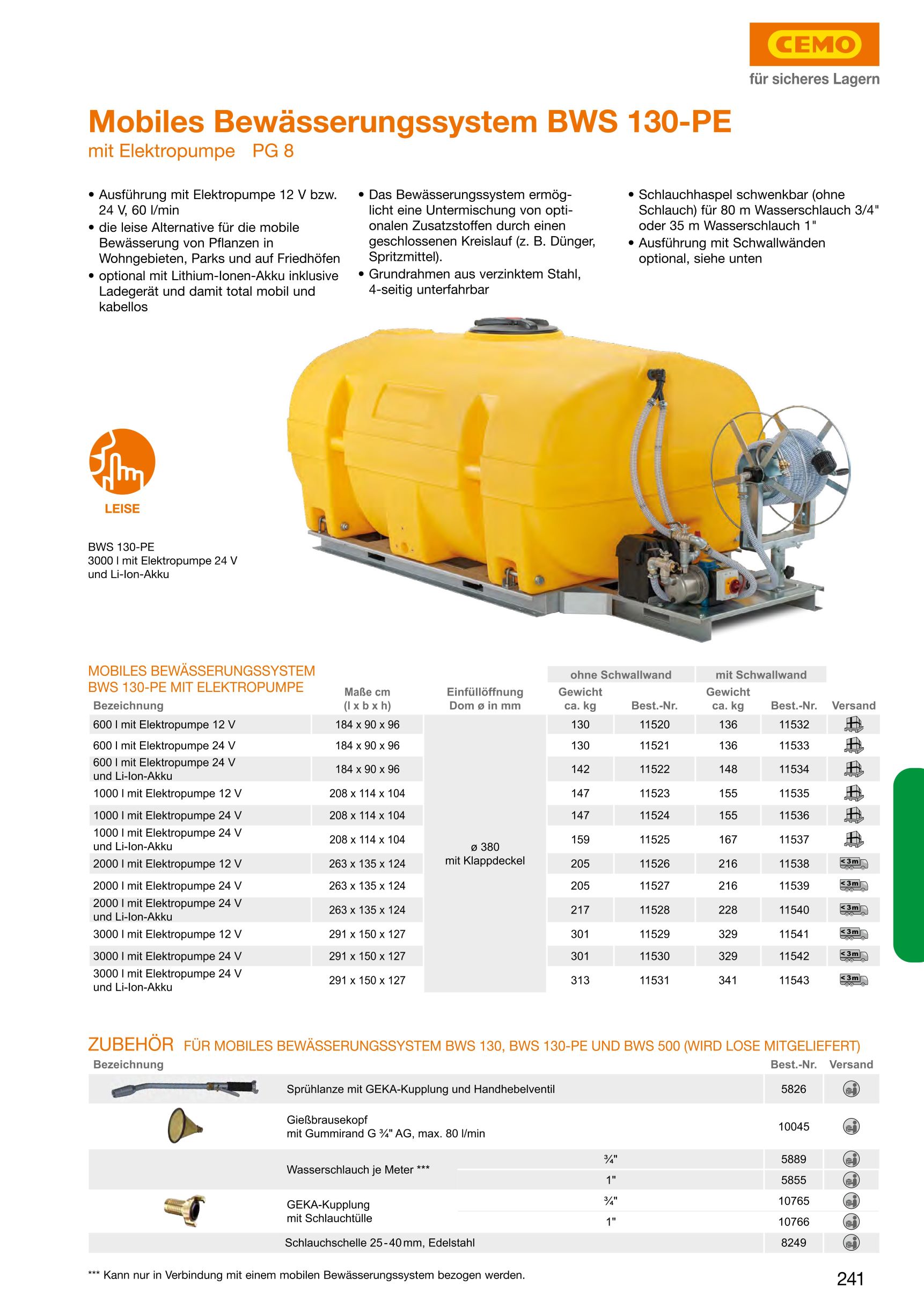 CEMO Mobiles Bewässerungssystem BWS 130-PE, 3000 l, 24 V Pumpe, Akku - 11531