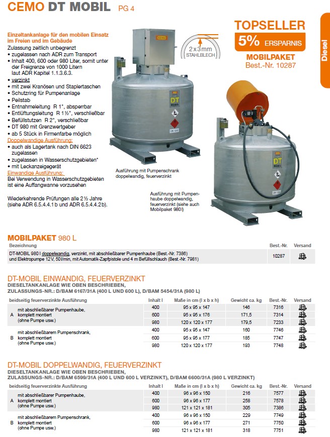 CEMO DT-Mobil 980 l, doppelwandig, lackiert, Pumpenhaube - 7384 CEMO DT-Mobil 980 l, doppelwandig, lackiert, Pumpenhaube - 7384